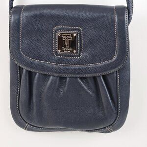 Tignanello Blue Leather Crossbody Bag Chain Print Lining Flap Magnetic Closure